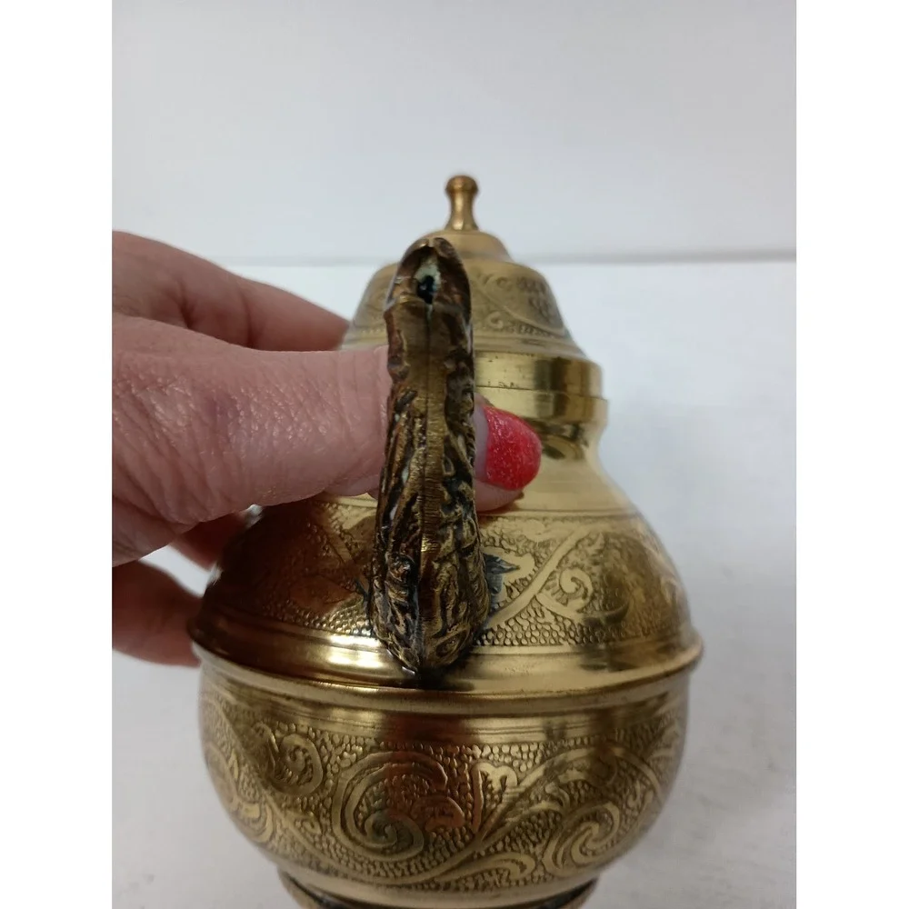 Vintage Teapot Embossed Brass Asian Small Gold Decorative Tea Pot Etched Floral